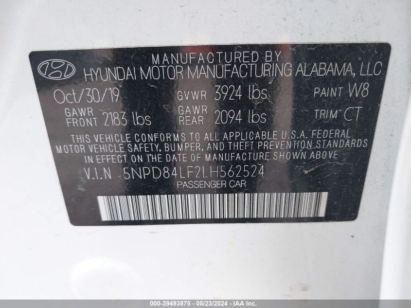 2020 Hyundai Elantra Sel VIN: 5NPD84LF2LH562524 Lot: 39493875