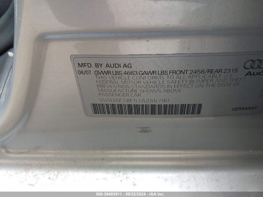 2007 Audi A4 2.0T VIN: WAUAF78E57A255790 Lot: 39493911