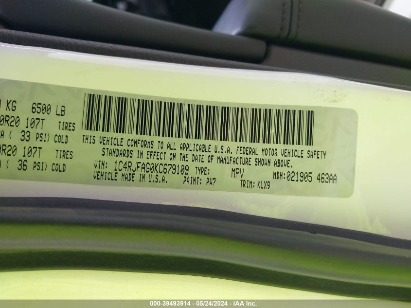 2019 Jeep Grand Cherokee Altitude 4X4 VIN: 1C4RJFAG0KC679109 Lot: 39493914