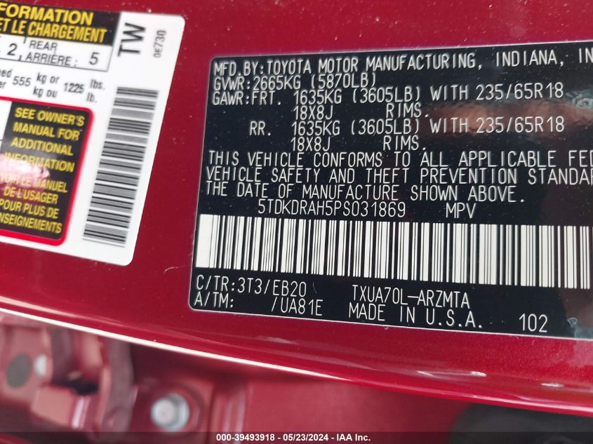 2023 Toyota Highlander Xle VIN: 5TDKDRAH5PS031869 Lot: 39493918