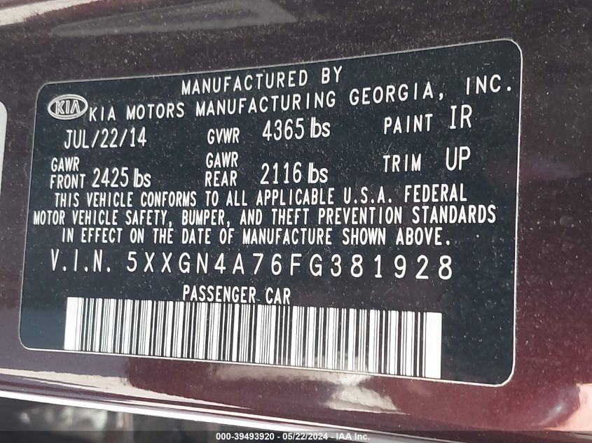 2015 Kia Optima Ex VIN: 5XXGN4A76FG381928 Lot: 39493920