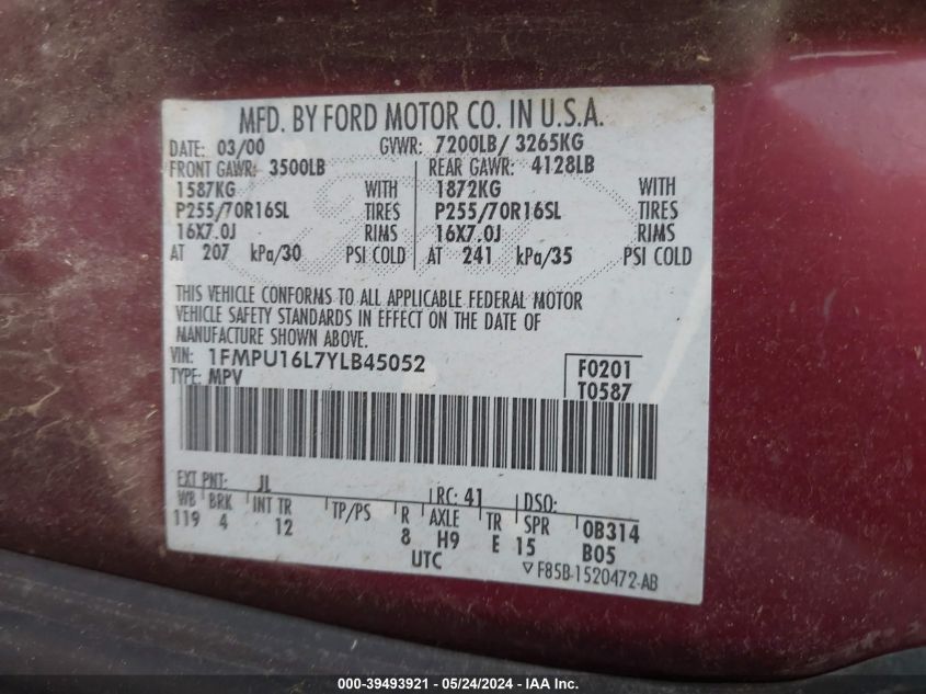 2000 Ford Expedition Xlt VIN: 1FMPU16L7YLB45052 Lot: 39493921