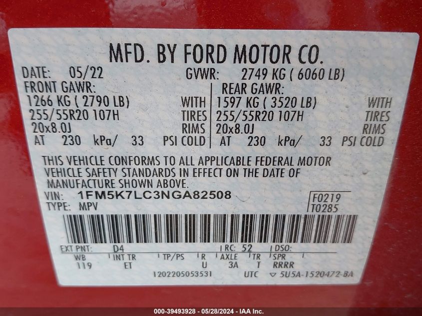 2022 Ford Explorer King Ranch VIN: 1FM5K7LC3NGA82508 Lot: 39493928