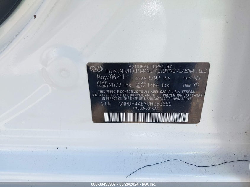 2012 Hyundai Elantra Gls VIN: 5NPDH4AEXCH063559 Lot: 39493937