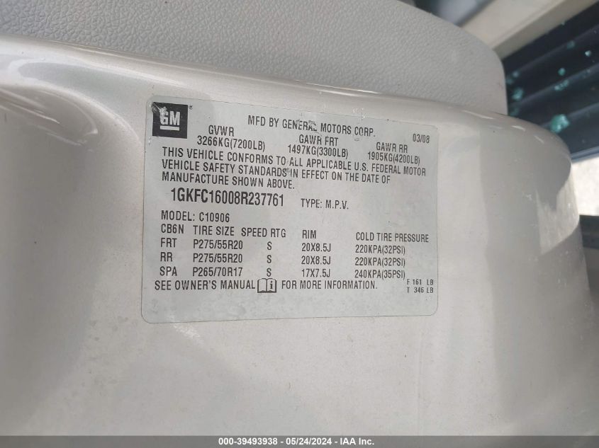 2008 GMC Yukon Xl 1500 Slt VIN: 1GKFC16008R237761 Lot: 39493938