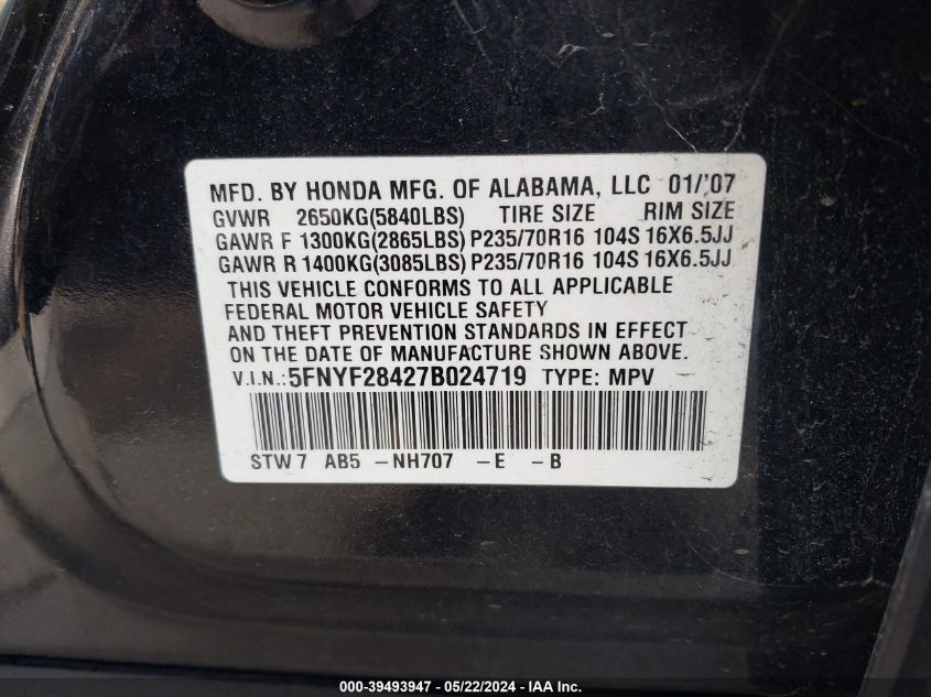 2007 Honda Pilot Ex VIN: 5FNYF28427B024719 Lot: 39493947