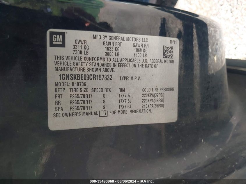 2012 Chevrolet Tahoe Lt VIN: 1GNSKBE09CR157332 Lot: 39493968