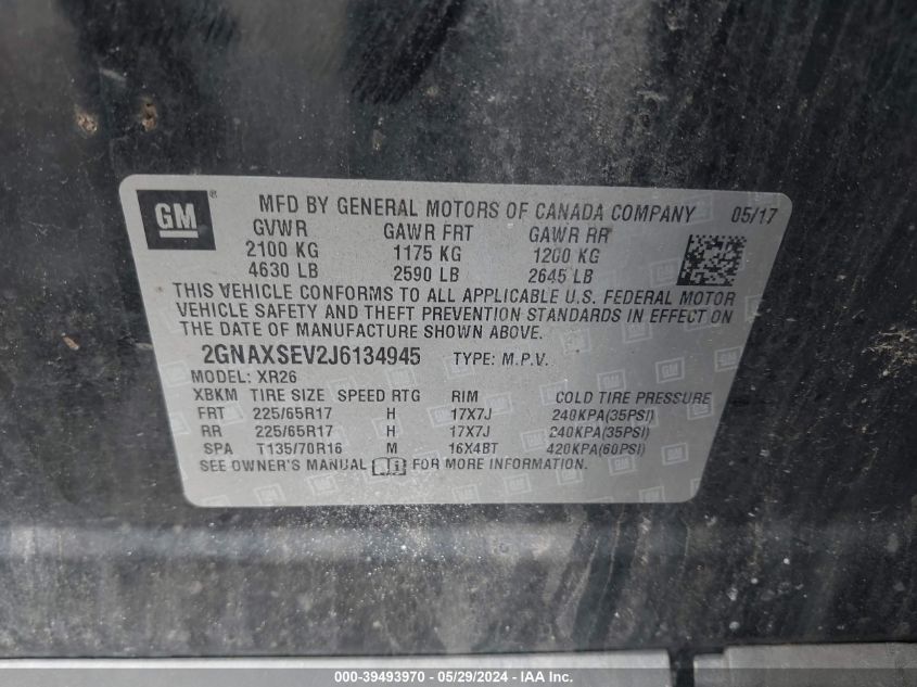 2018 Chevrolet Equinox Lt VIN: 2GNAXSEV2J6134945 Lot: 39493970