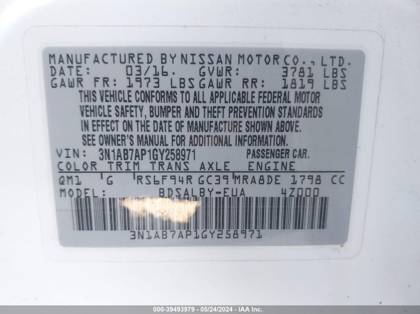 2016 Nissan Sentra S VIN: 3N1AB7AP1GY258971 Lot: 39493979