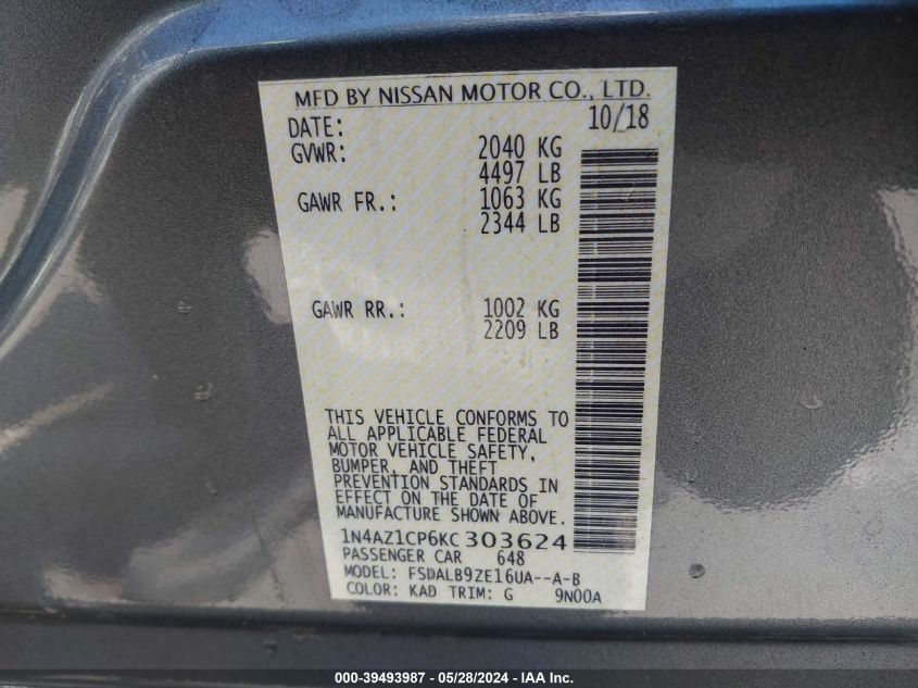 2019 Nissan Leaf S VIN: 1N4AZ1CP6KC303624 Lot: 39493987