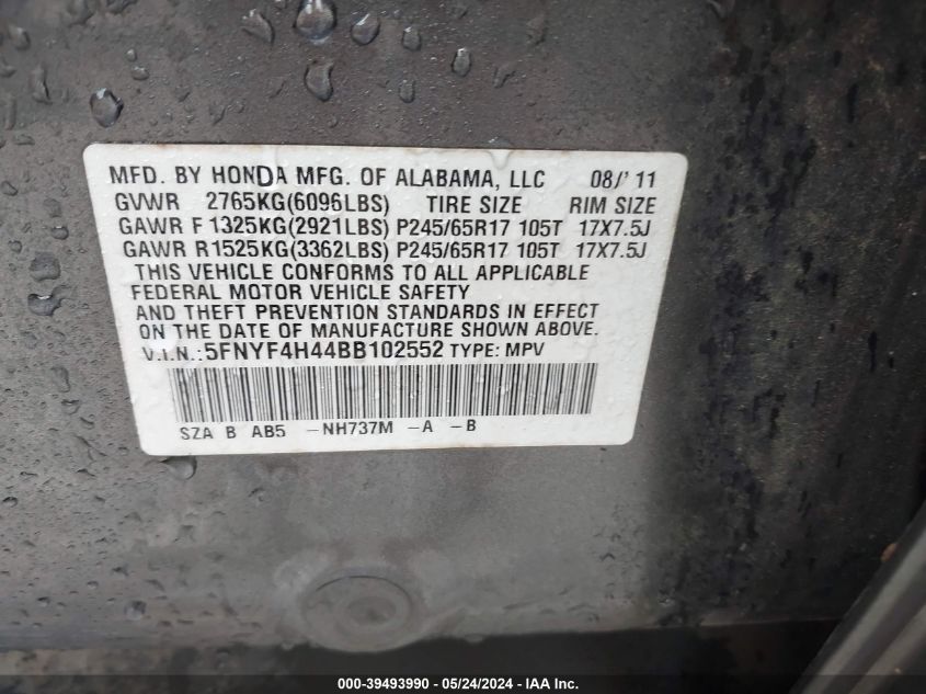 2011 Honda Pilot Ex VIN: 5FNYF4H44BB102552 Lot: 39493990