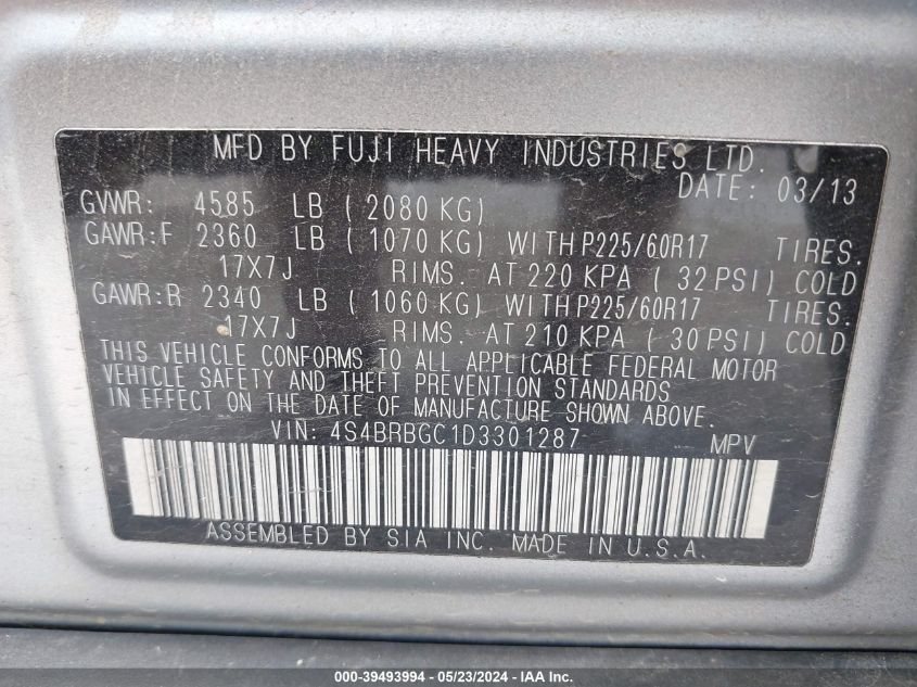 2013 Subaru Outback 2.5I Premium VIN: 4S4BRBGC1D3301287 Lot: 39493994