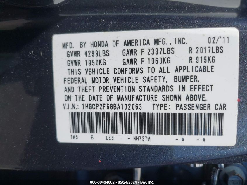 2011 Honda Accord 2.4 Se VIN: 1HGCP2F68BA102063 Lot: 39494002