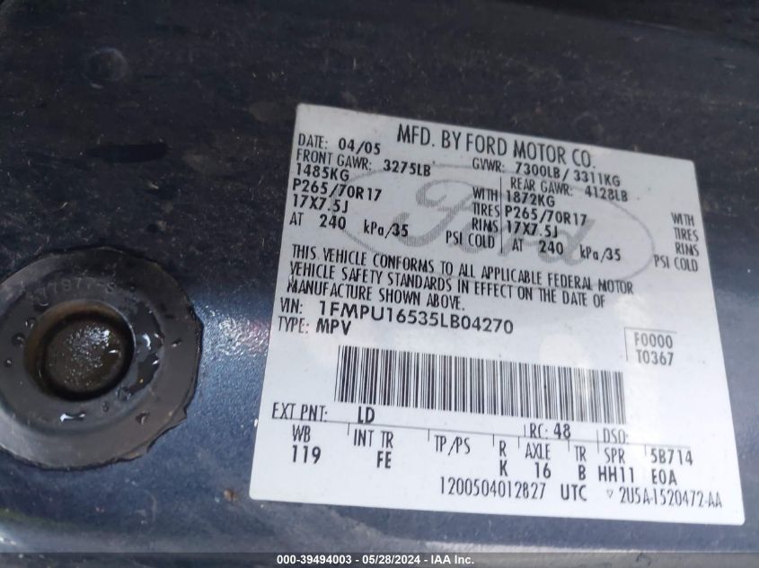 2005 Ford Expedition Nbx/Xlt VIN: 1FMPU16535LB04270 Lot: 39494003