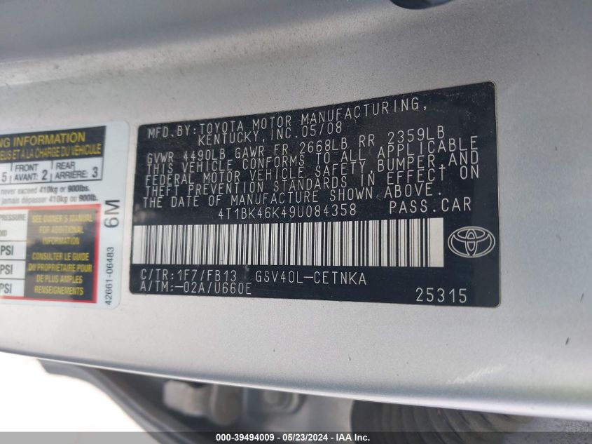 2009 Toyota Camry Le V6 VIN: 4T1BK46K49U084358 Lot: 39494009