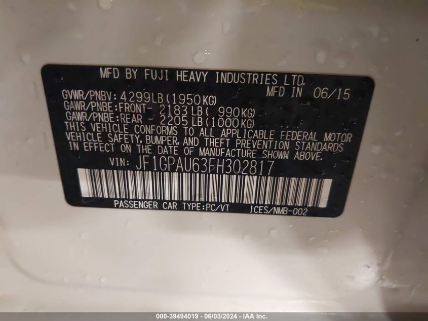 2015 Subaru Impreza 2.0I Sport Premium VIN: JF1GPAU63FH302817 Lot: 39494019