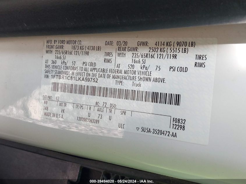 2020 Ford Transit-250 VIN: 1FTBR1C81LKA59752 Lot: 39494020
