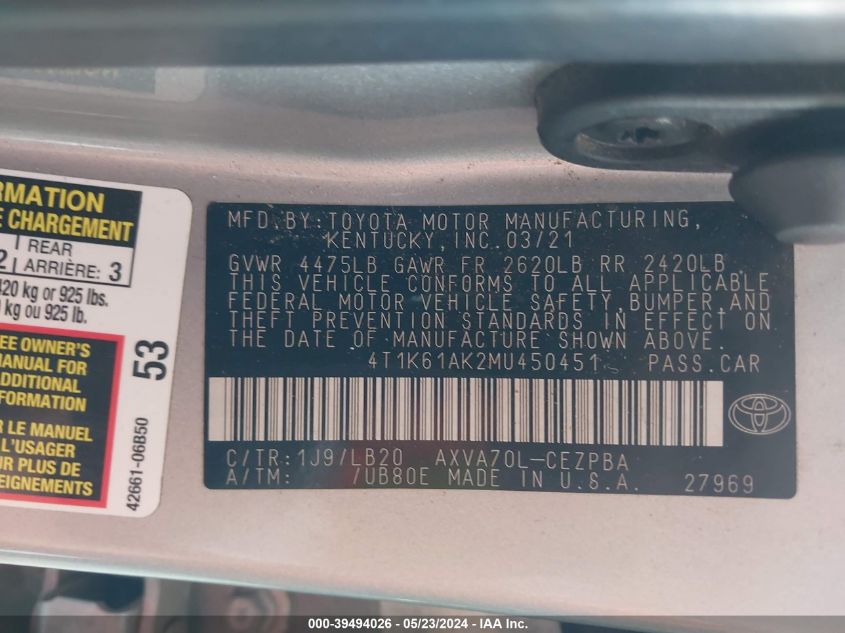 2021 Toyota Camry Xse VIN: 4T1K61AK2MU450451 Lot: 39494026