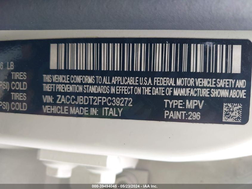 2015 Jeep Renegade Limited VIN: ZACCJBDT2FPC39272 Lot: 39494045