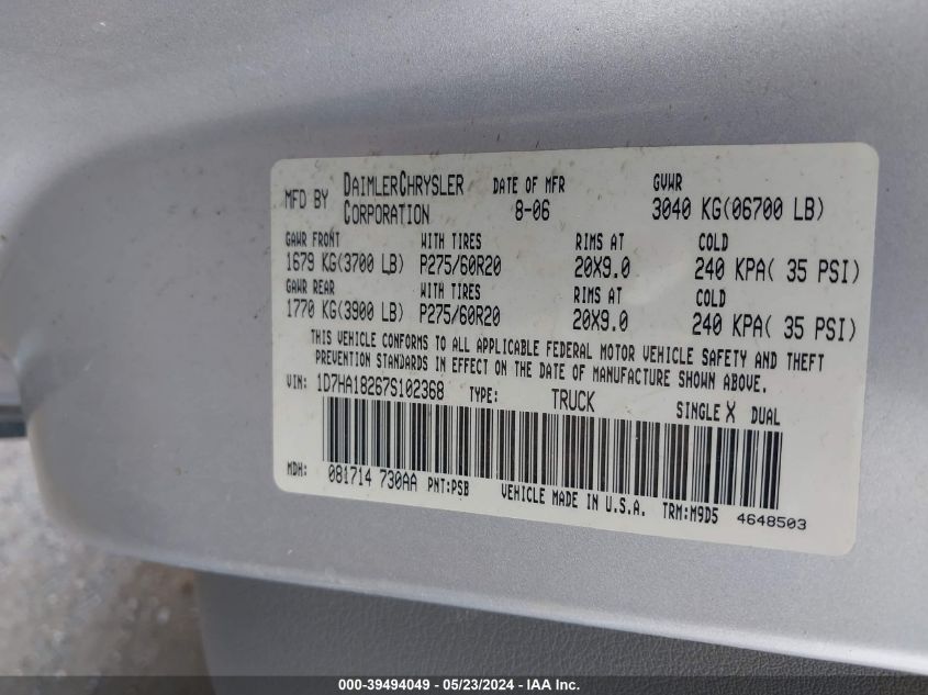 2007 Dodge Ram 1500 Slt VIN: 1D7HA18267S102368 Lot: 39494049