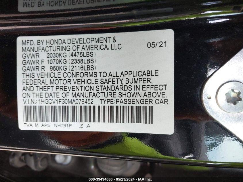 2021 Honda Accord Sport VIN: 1HGCV1F30MA079452 Lot: 39494063