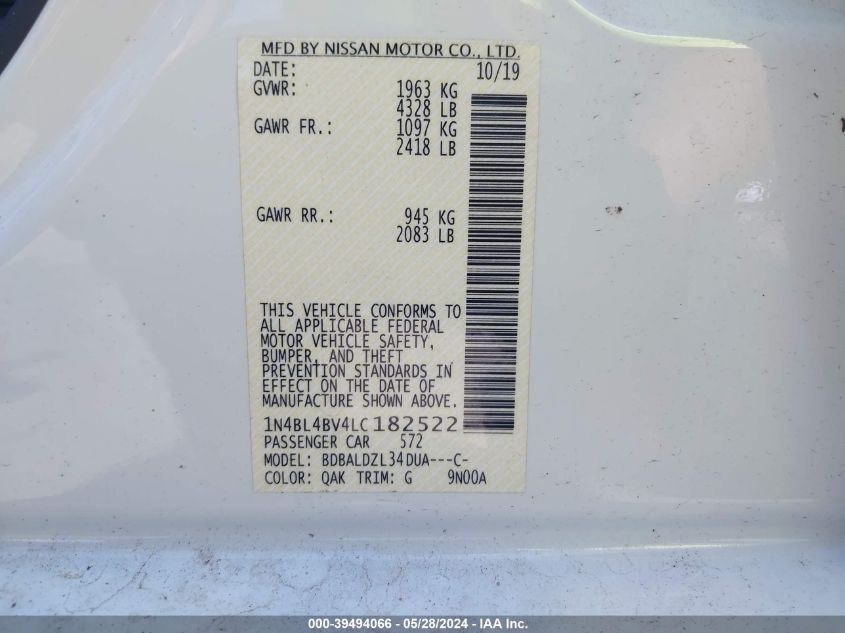 2020 Nissan Altima S Fwd VIN: 1N4BL4BV4LC182522 Lot: 39494066