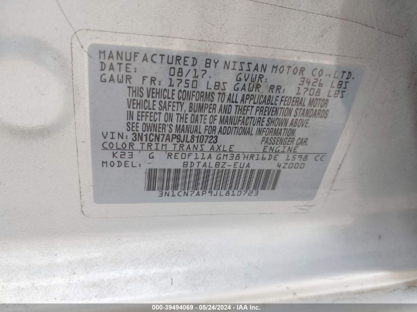 2018 Nissan Versa 1.6 Sv VIN: 3N1CN7AP9JL810723 Lot: 39494069