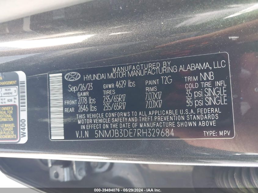 2024 Hyundai Tucson Sel VIN: 5NMJB3DE7RH329684 Lot: 39494076