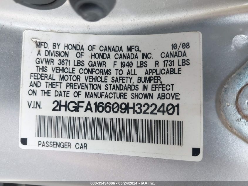 2009 Honda Civic Lx-S VIN: 2HGFA16609H322401 Lot: 39494086