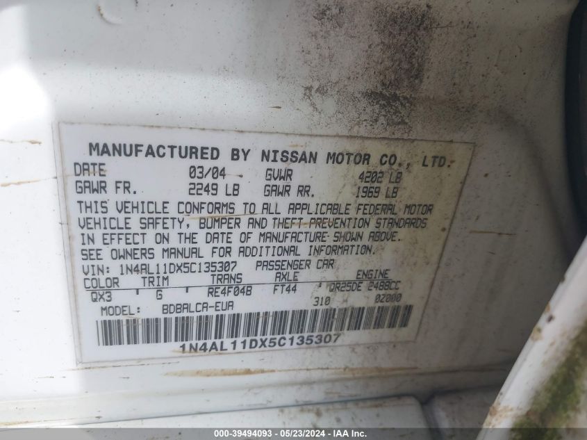 2005 Nissan Altima 2.5 S VIN: 1N4AL11DX5C135307 Lot: 39494093