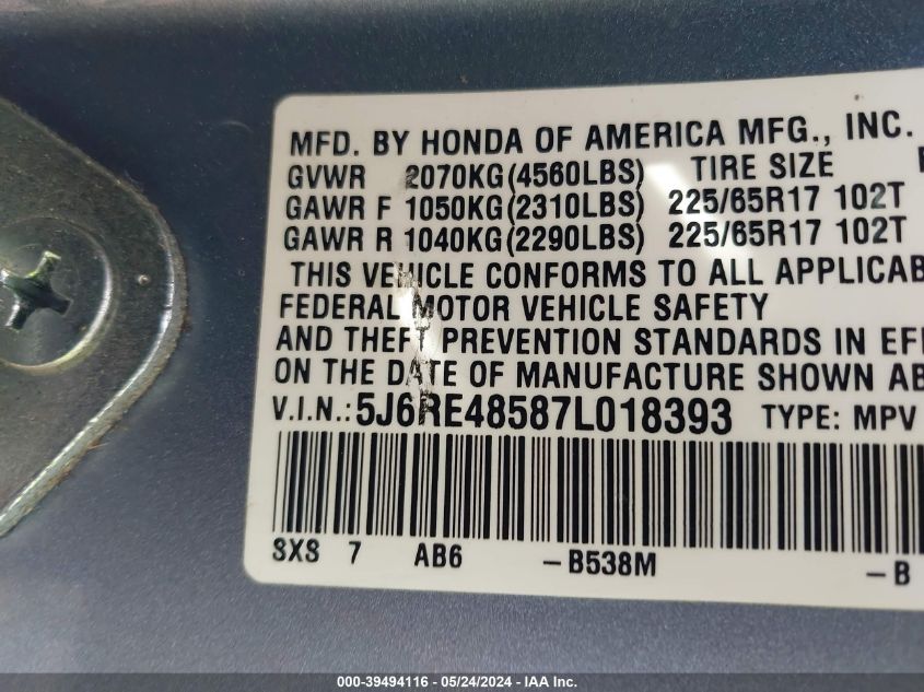 2007 Honda Cr-V Ex VIN: 5J6RE48587L018393 Lot: 39494116