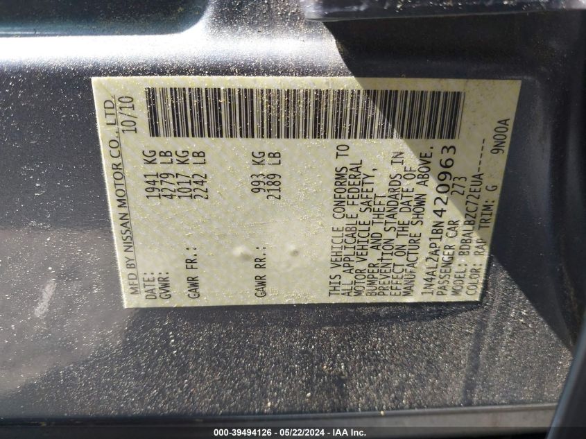 2011 Nissan Altima 2.5 S VIN: 1N4AL2AP1BN420963 Lot: 39494126