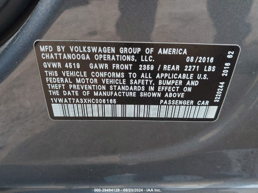 2017 Volkswagen Passat 1.8T S VIN: 1VWAT7A3XHC006165 Lot: 39494129