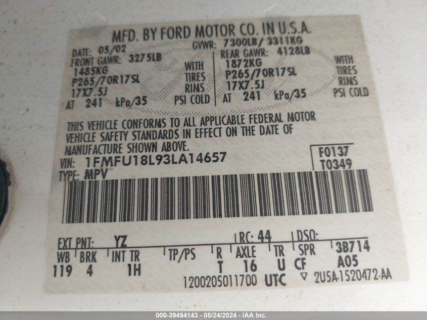 2003 Ford Expedition Eddie Bauer VIN: 1FMFU18L93LA14657 Lot: 39494143