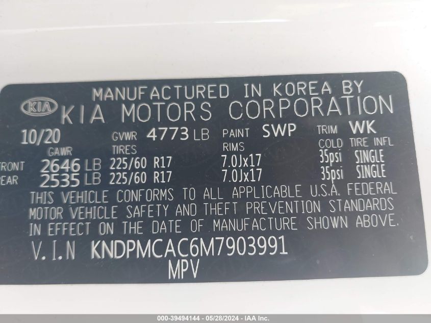 2021 Kia Sportage Lx VIN: KNDPMCAC6M7903991 Lot: 39494144