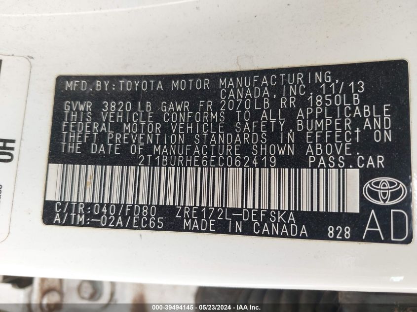 2014 TOYOTA COROLLA S PLUS - 2T1BURHE6EC062419