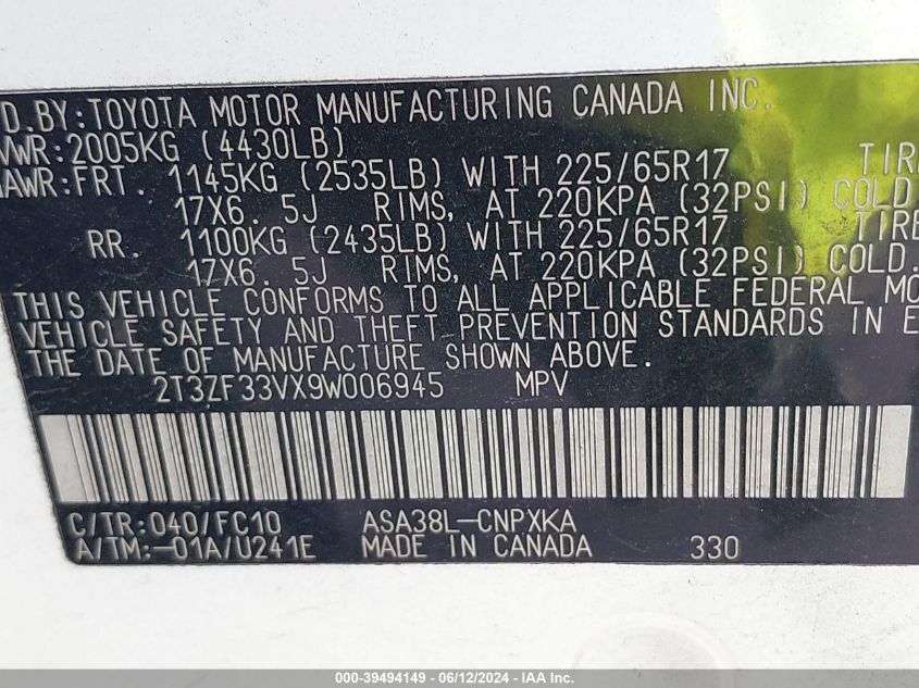 2009 Toyota Rav4 VIN: 2T3ZF33VX9W006945 Lot: 39494149