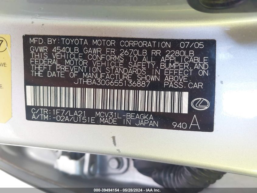 2005 Lexus Es 330 VIN: JTHBA30G655136887 Lot: 39494154