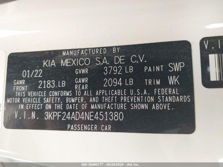 2022 Kia Forte Lxs VIN: 3KPF24AD4NE451380 Lot: 39494177