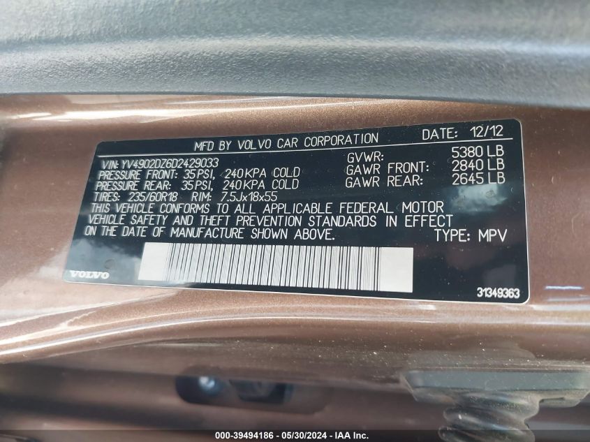 2013 Volvo Xc60 T6/T6 Platinum/T6 Premier Plus/T6 R-Design/T6 R-Design Platinum/T6 R-Design Premier Plus VIN: YV4902DZ6D2429033 Lot: 39494186