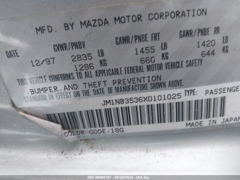 1999 Mazda Mx-5 Miata Leather Pkg/Popular Equipment Pkg/Sports Pkg/Touring Pkg VIN: JM1NB3536X0101025 Lot: 39494191