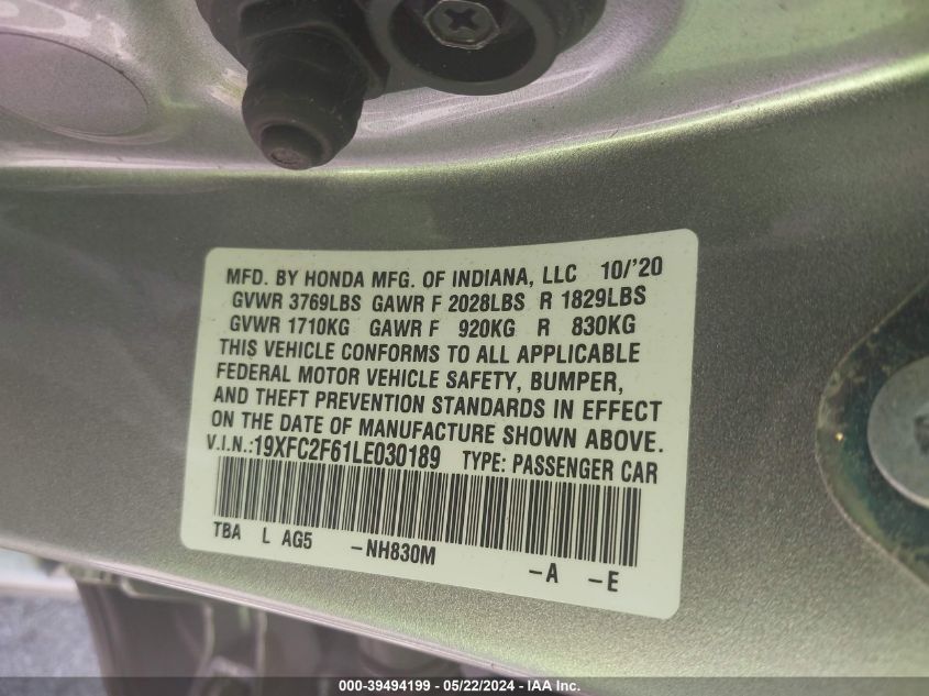 2020 Honda Civic Lx VIN: 19XFC2F61LE030189 Lot: 39494199