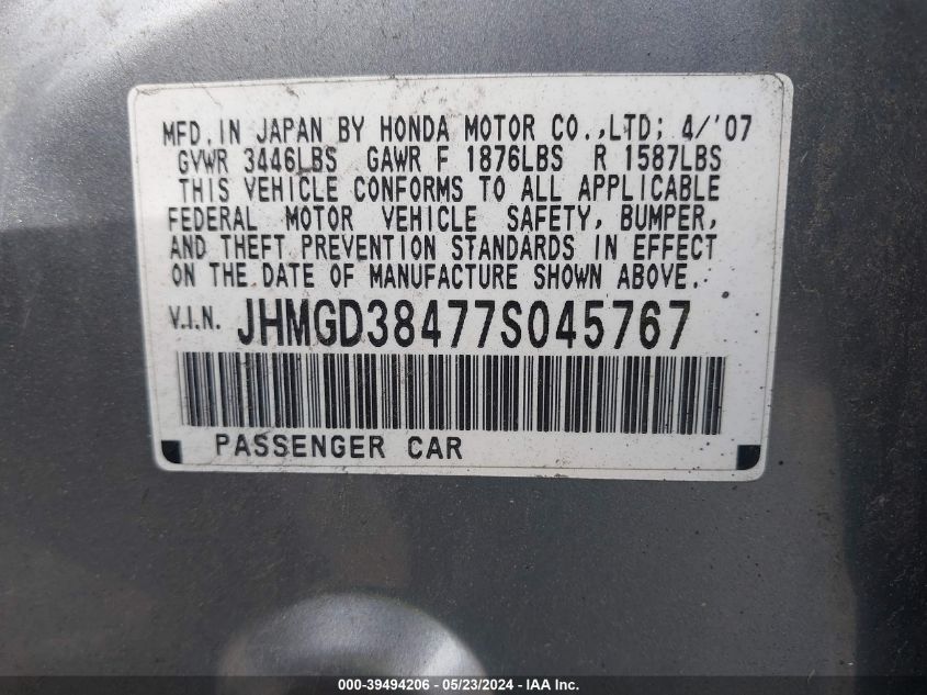 2007 Honda Fit VIN: JHMGD38477S045767 Lot: 39494206