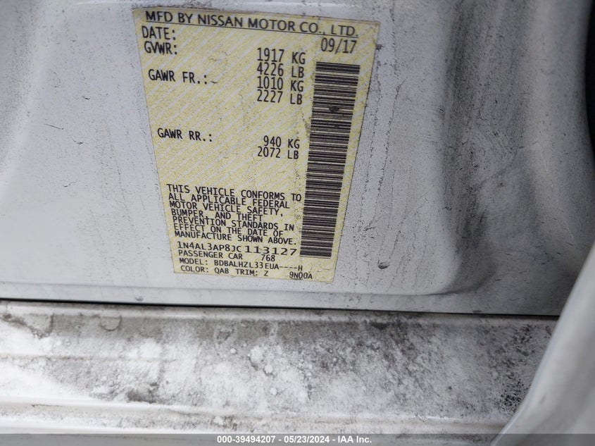 2018 Nissan Altima 2.5 Sr VIN: 1N4AL3AP8JC113127 Lot: 39494207