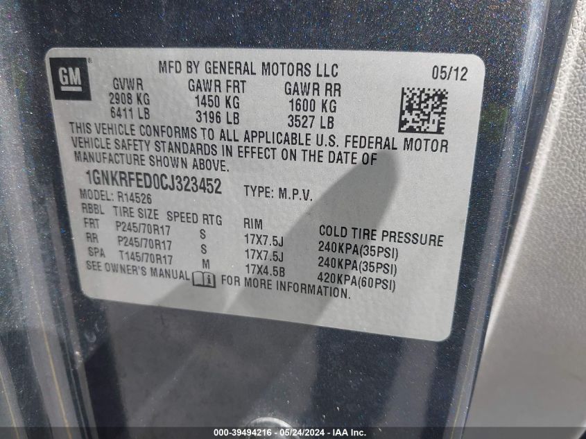 2012 Chevrolet Traverse Ls VIN: 1GNKRFED0CJ32345 Lot: 39494216