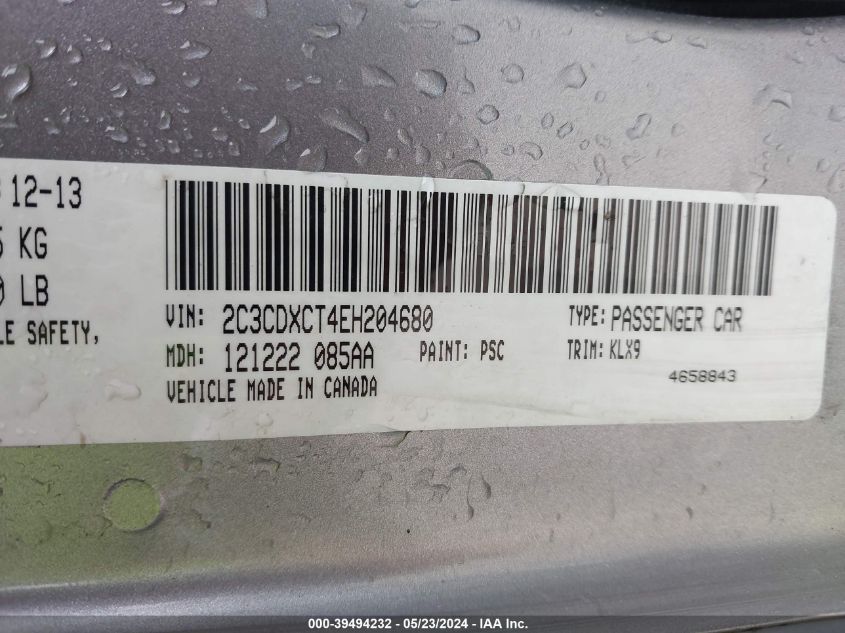 2014 Dodge Charger Road/Track VIN: 2C3CDXCT4EH204680 Lot: 39494232