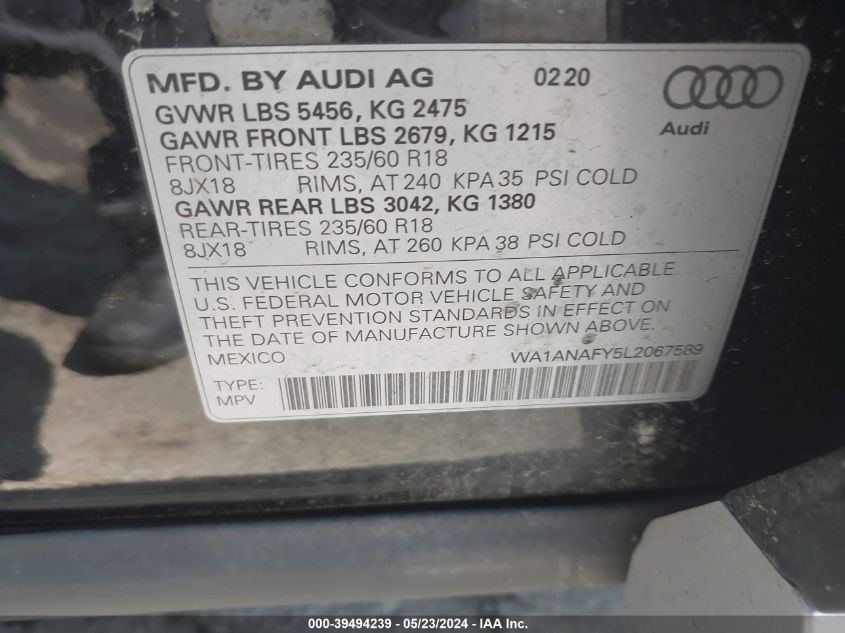 2020 Audi Q5 Premium 45 Tfsi Quattro S Tronic VIN: WA1ANAFY5L2067589 Lot: 39494239