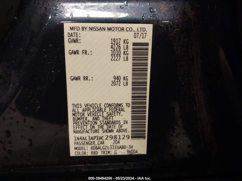 2017 Nissan Altima 2.5 S VIN: 1N4AL3AP1HC298129 Lot: 39494250