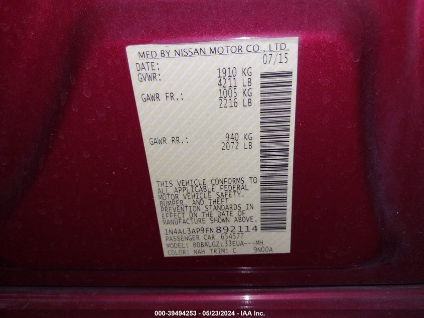 2015 Nissan Altima 2.5 S VIN: 1N4AL3AP9FN892114 Lot: 39494253