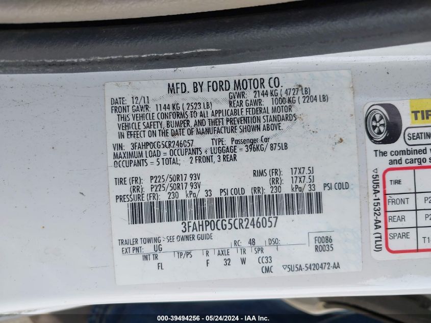 2012 Ford Fusion Sel VIN: 3FAHP0CG5CR246057 Lot: 39494256